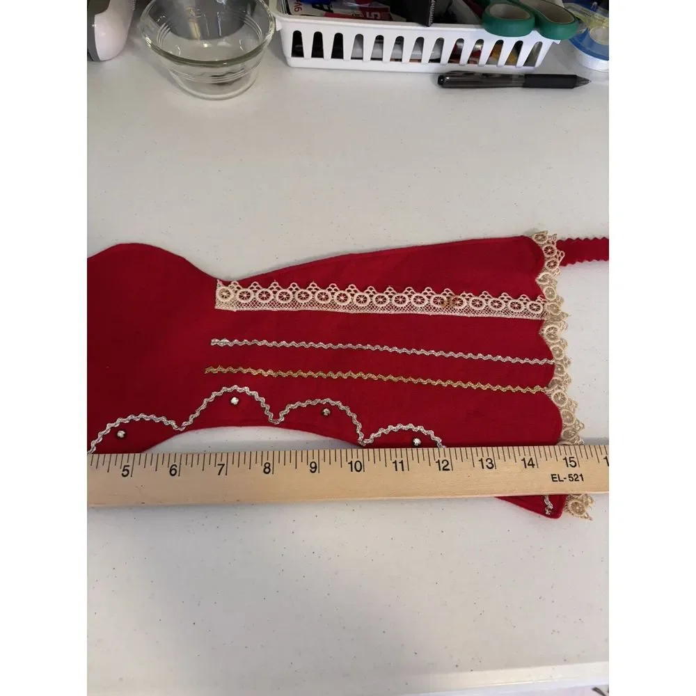 Vintage‎ Wool Felt Victorian Boot Christmas Stocking Red Lace Sewn Bejeweled